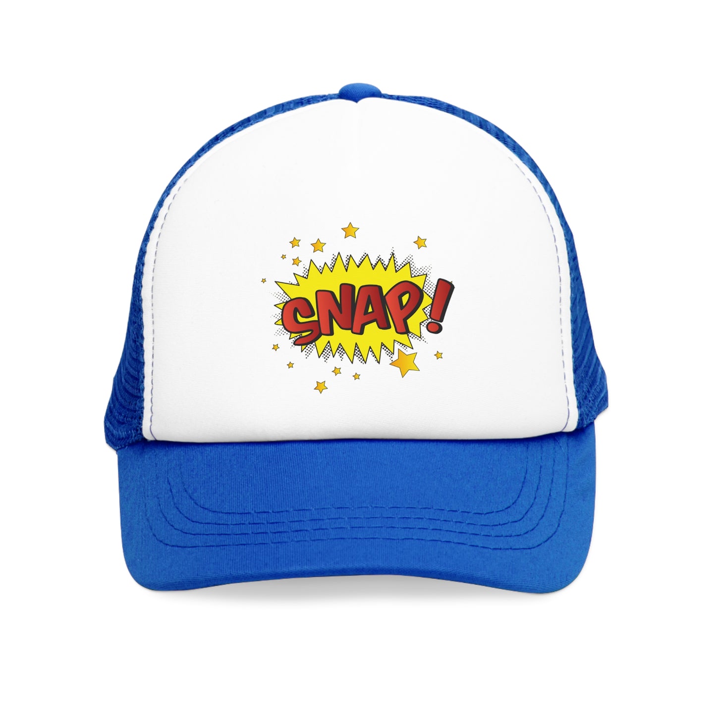 Mesh Cap Hat with Comic Snap Design – Black, Blue, Pink & Red