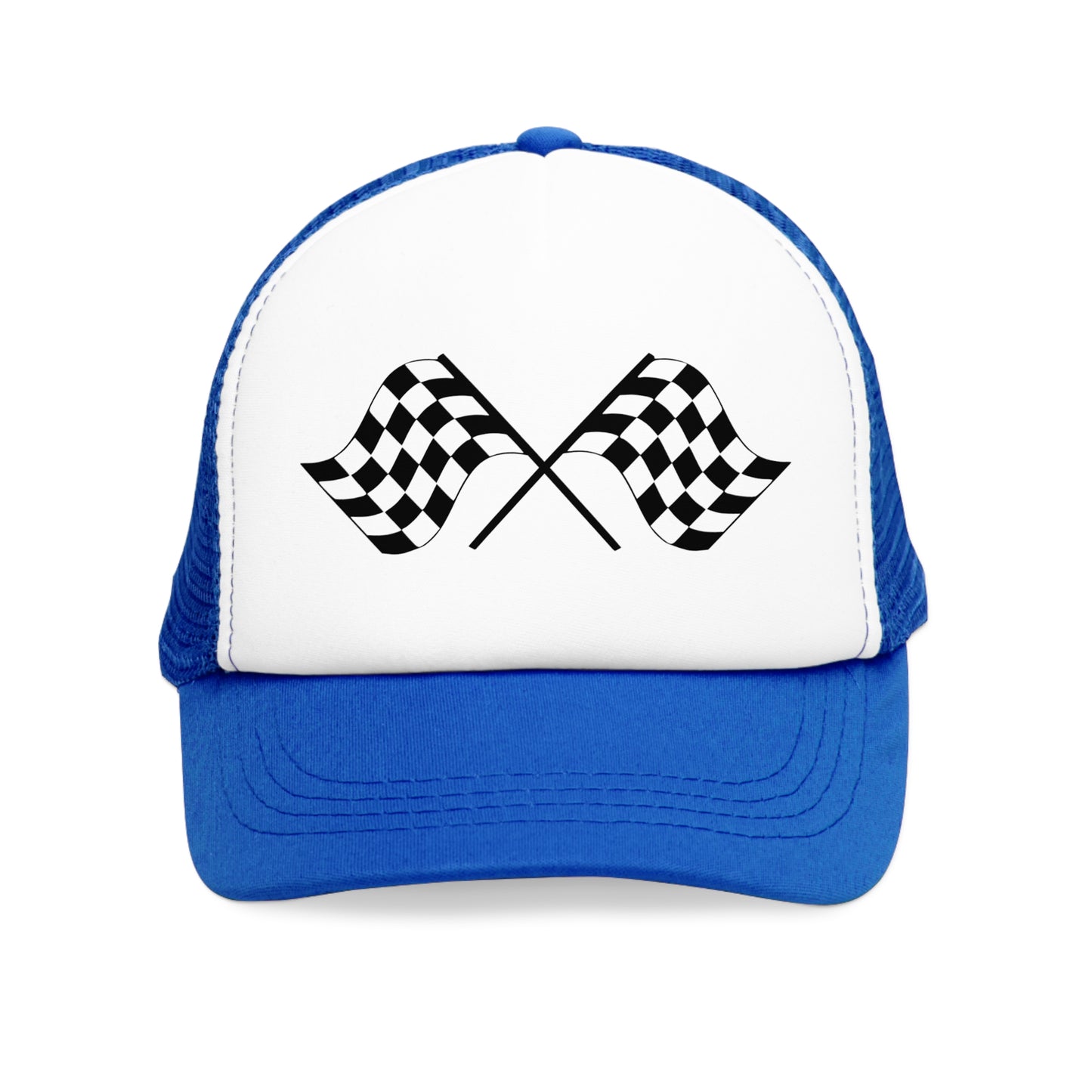 Mesh Cap Hat with Racing Flag Design – Adjustable Trucker Hat for Men & Women, Black, Blue, Pink, Red