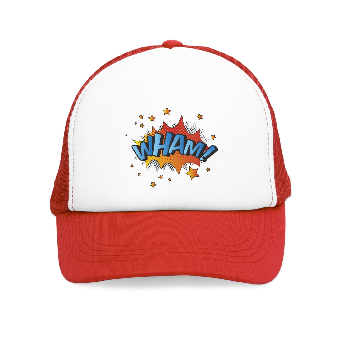 Mesh Cap Hat with Comic WHAM Design – Black, Blue, Pink & Red