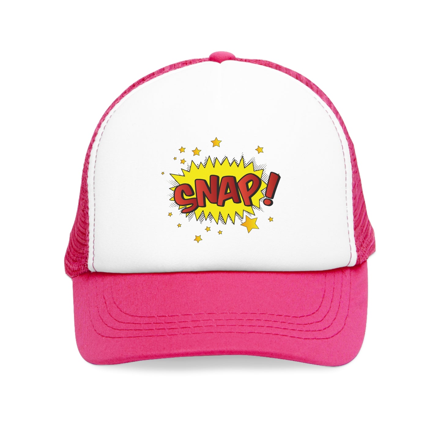 Mesh Cap Hat with Comic Snap Design – Black, Blue, Pink & Red