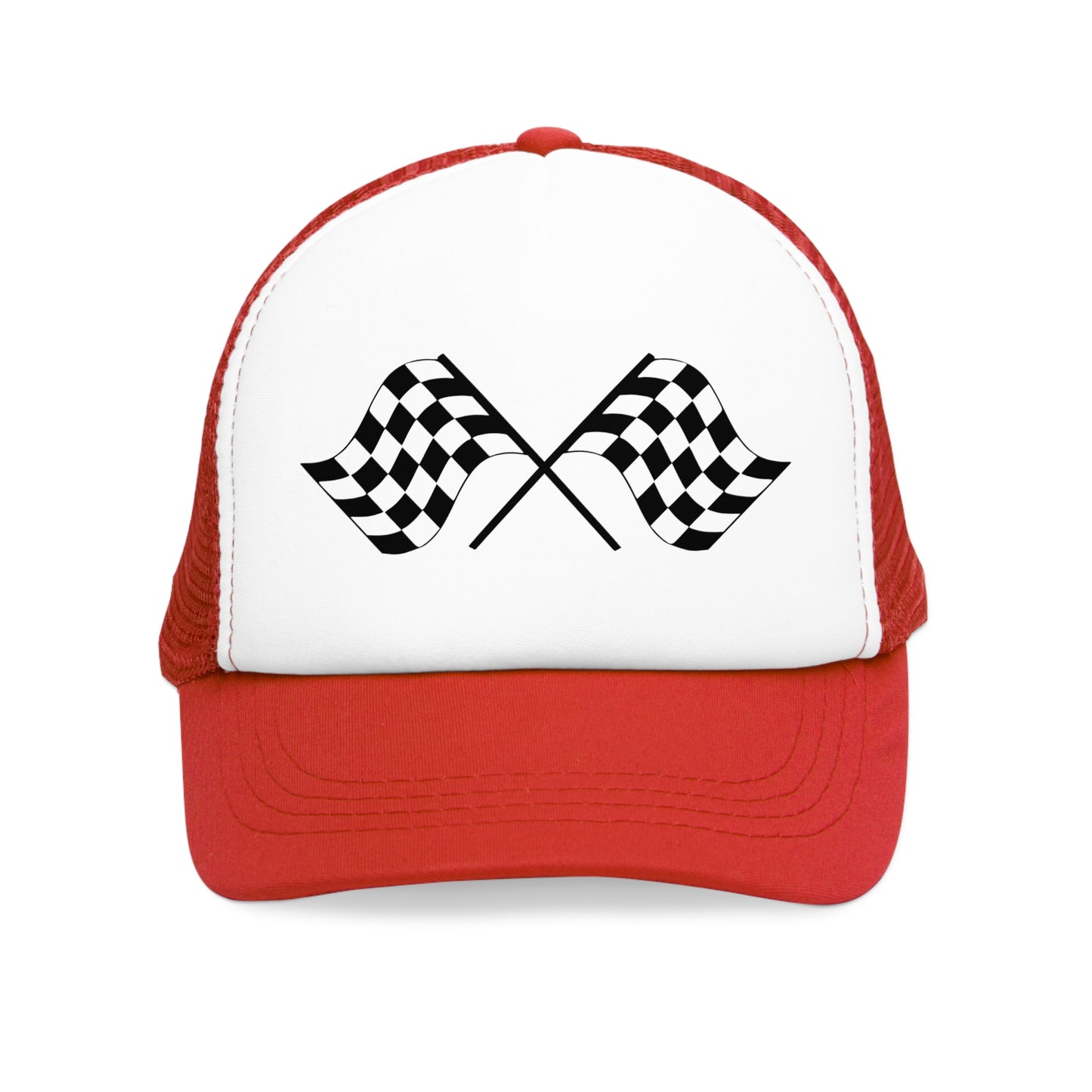 Mesh Cap Hat with Racing Flag Design – Adjustable Trucker Hat for Men & Women, Black, Blue, Pink, Red
