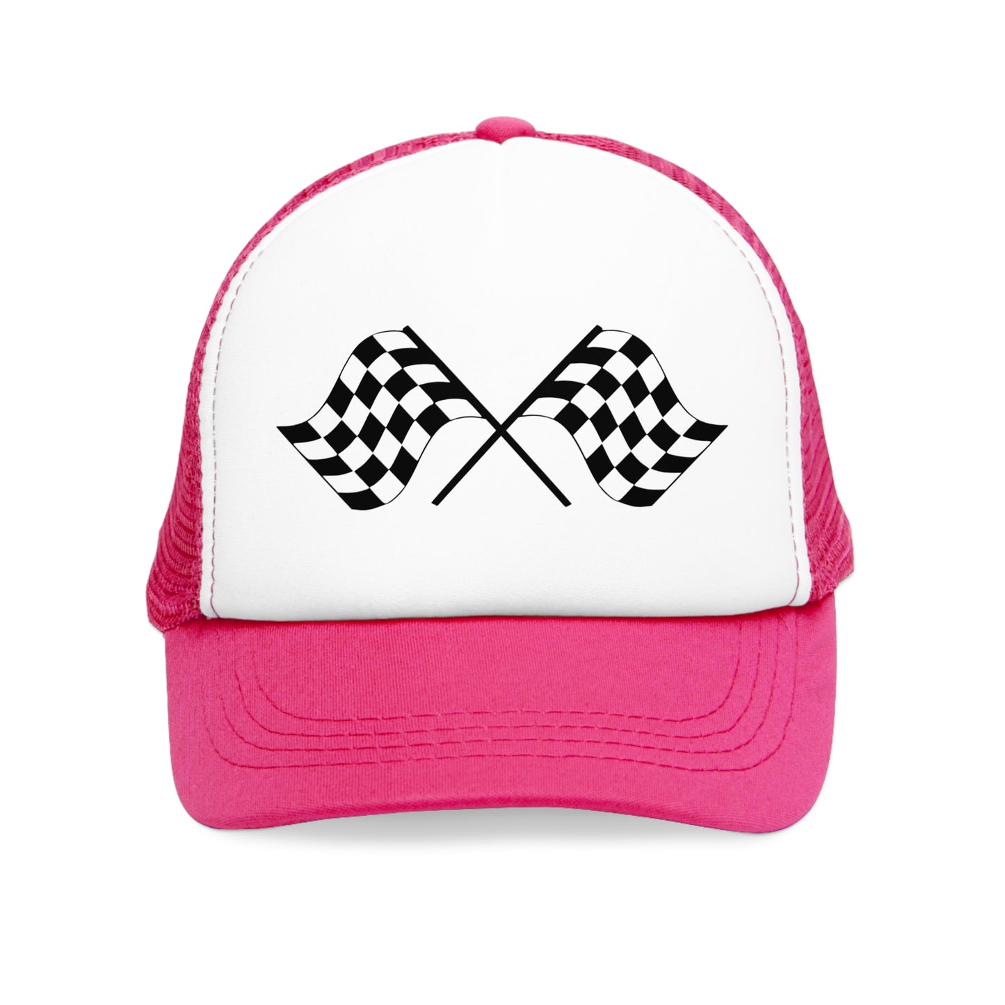 Mesh Cap Hat with Racing Flag Design – Adjustable Trucker Hat for Men & Women, Black, Blue, Pink, Red