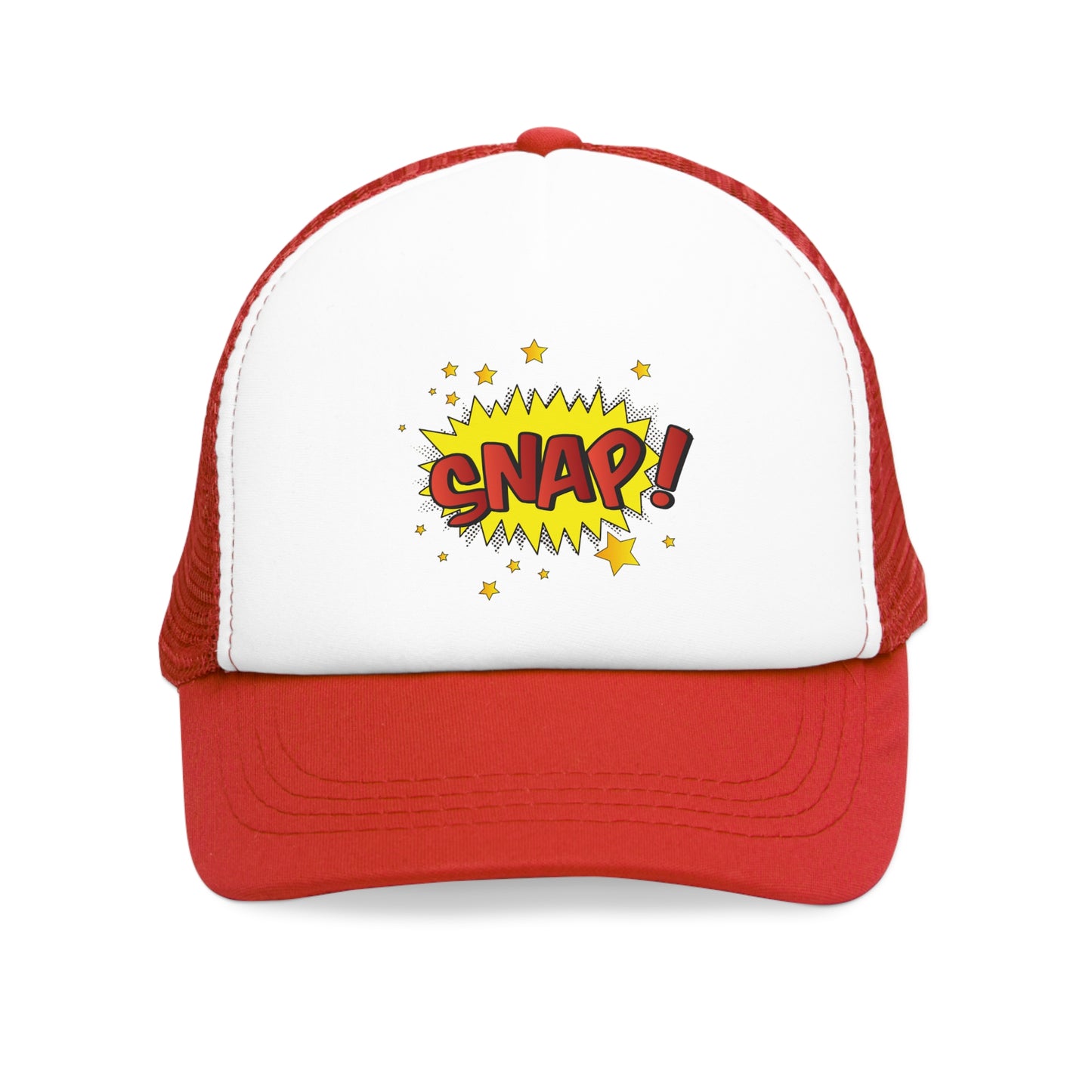 Mesh Cap Hat with Comic Snap Design – Black, Blue, Pink & Red