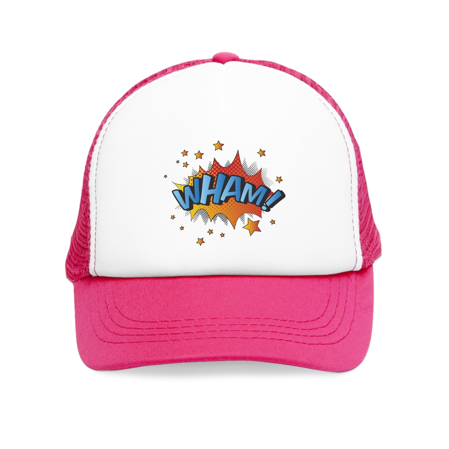 Mesh Cap Hat with Comic WHAM Design – Black, Blue, Pink & Red