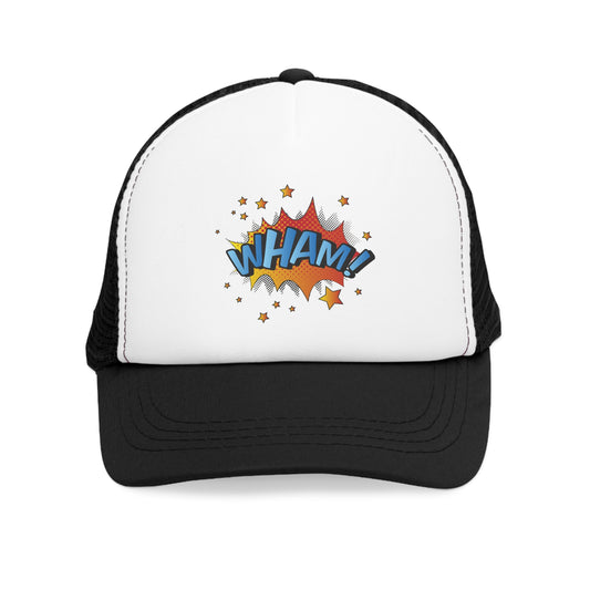 Mesh Cap Hat with Comic WHAM Design – Black, Blue, Pink & Red