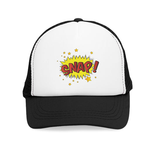 Mesh Cap Hat with Comic Snap Design – Black, Blue, Pink & Red