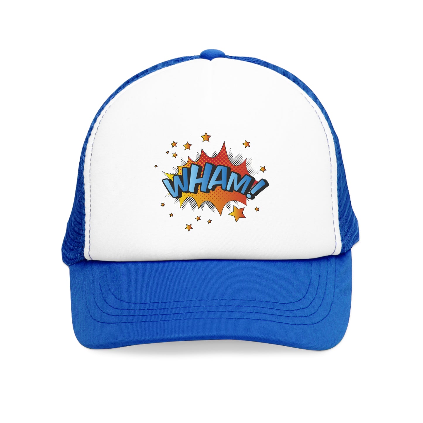 Mesh Cap Hat with Comic WHAM Design – Black, Blue, Pink & Red