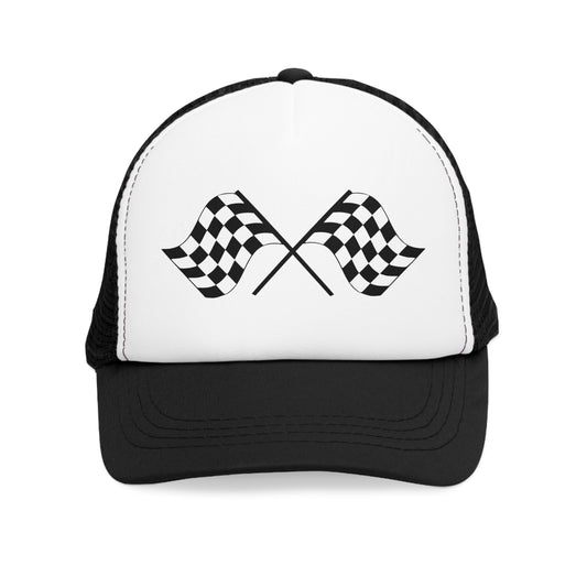Mesh Cap Hat with Racing Flag Design – Adjustable Trucker Hat for Men & Women, Black, Blue, Pink, Red