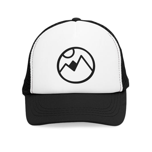 Mesh Cap Hat with Mountain Logo – Adjustable Trucker Hat for Outdoor Adventure, Black, Blue, Pink, Red